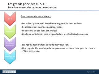 Les	
  grands	
  principes	
  du	
  SEO	
  

Fonc8onnement	
  des	
  moteurs	
  de	
  recherche	
  

	
  	
   	
   	
  

	
   	
  

Crawl

Indexa,on	
  

Traitement	
  	
  
des	
  requêtes	
  

Classement	
  des	
  
résultats	
  

	
  
Fonc8onnement	
  des	
  moteurs	
  :	
  	
  
	
  
-­‐	
  Les	
  robots	
  parcourent	
  le	
  web	
  en	
  naviguant	
  de	
  liens	
  en	
  liens	
  
-­‐	
  Ils	
  stockent	
  ces	
  données	
  dans	
  leur	
  index	
  
-­‐	
  Le	
  contenu	
  de	
  ces	
  liens	
  est	
  analysé	
  
-­‐	
  Ces	
  liens	
  sont	
  classés	
  puis	
  proposés	
  dans	
  les	
  résultats	
  de	
  moteurs	
  
	
  
-­‐	
  Les	
  robots	
  recherchent	
  donc	
  de	
  nouveaux	
  liens	
  
-­‐	
  Une	
  page	
  isolée	
  vers	
  laquelle	
  ne	
  pointe	
  aucun	
  lien	
  a	
  donc	
  peu	
  de	
  chance	
  
d’être	
  référencée	
  
	
  
	
  

30	
  janvier	
  2014	
  

 