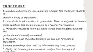 P R O C E D U R E
1. Introduce a discrepant event, a puzzling situation that challenges students
to
provide a theory of explanation.
2. Have students ask questions to gather data. They can only ask the teacher
single questions that can be answered by a “yes” or “no” response.
3. The teacher responds to the questions to help students gather data and
also
guides students to clarify as needed.
4. The teacher asks student to formalize the data and formulate an
explanation.
Students solve the problem with the information they have collected.
5. Finally, the teacher guides students to analyze their thinking and
 
