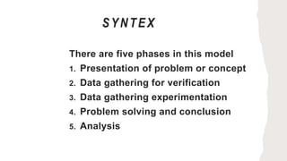 SYNTEX
There are five phases in this model
1. Presentation of problem or concept
2. Data gathering for verification
3. Data gathering experimentation
4. Problem solving and conclusion
5. Analysis
 