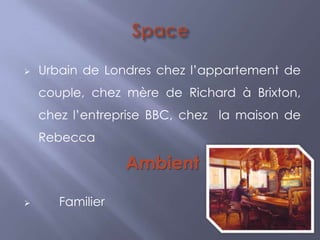 

Urbain de Londres chez l’appartement de
couple, chez mère de Richard à Brixton,
chez l’entreprise BBC, chez la maison de

Rebecca

Ambient


Familier

 