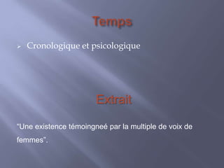 

Cronologique et psicologique

Extrait
“Une existence témoingneé par la multiple de voix de
femmes”.

 