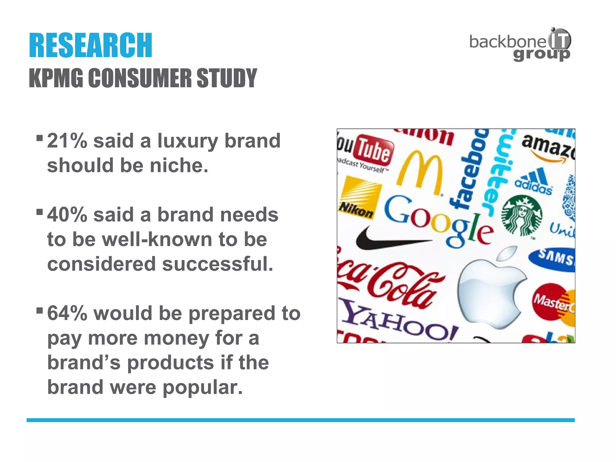 21% said a luxury brand
should be niche.
40% said a brand needs
to be well-known to be
considered successful.
64% would be prepared to
pay more money for a
brand’s products if the
brand were popular.
RESEARCH
KPMG CONSUMER STUDY
 