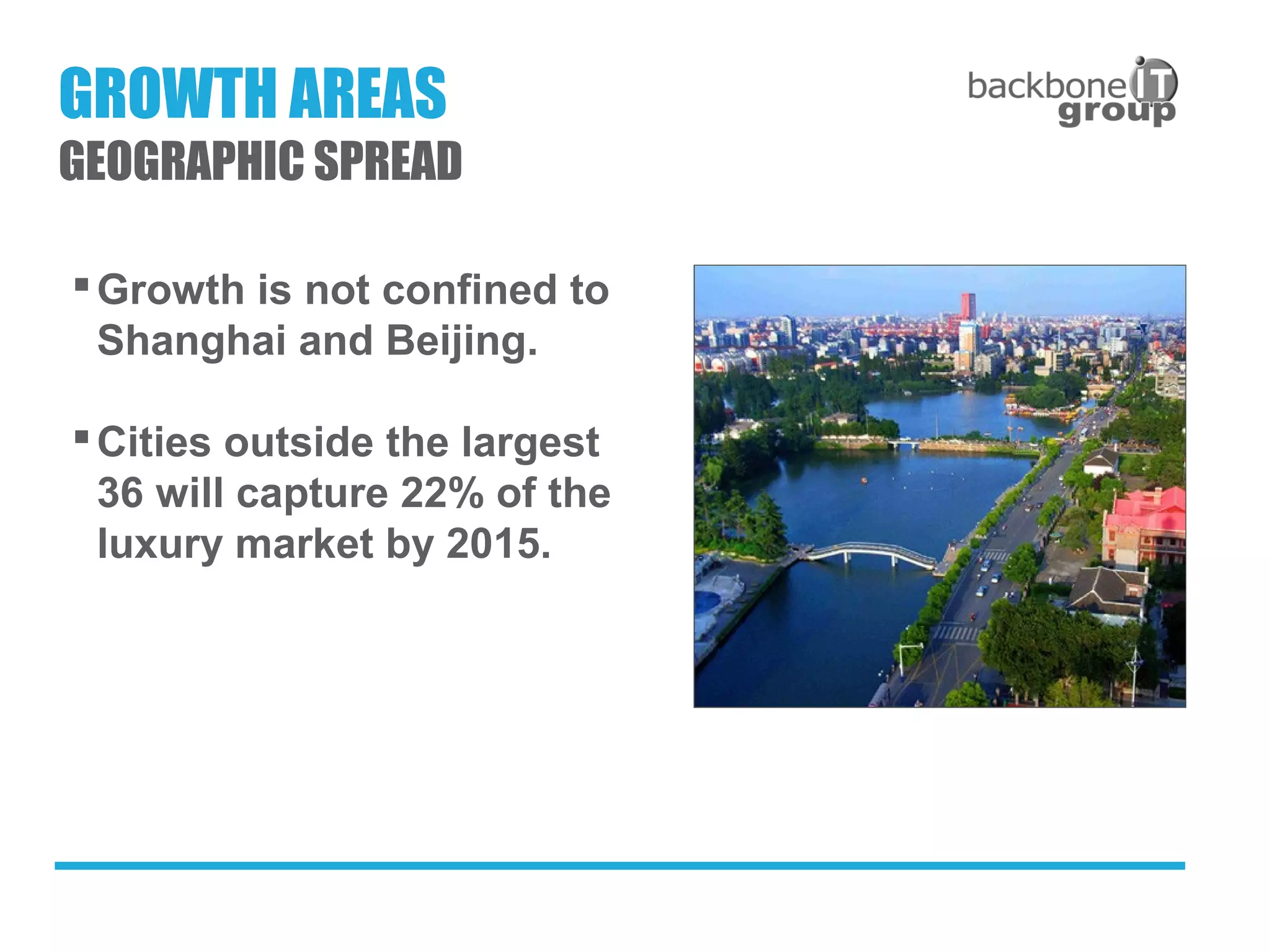 Growth is not confined to
Shanghai and Beijing.
Cities outside the largest
36 will capture 22% of the
luxury market by 2015.
GROWTH AREAS
GEOGRAPHIC SPREAD
 