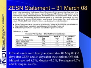 ZESN Statement – 31 March 08 Official results were finally announced on 02 May 08 (32 days after ZESN and 34 days after the election). Official, Mukoni received 8.3%, Mugabe 43.2%, Towangana 0.6% and Tsvangirai 49.7%. 