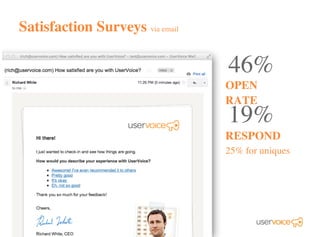 Satisfaction Surveys via email
46%
RESPOND
25% for uniques
OPEN
RATE
19%
 