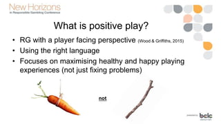 What is positive play?
• RG with a player facing perspective (Wood & Griffiths, 2015)
• Using the right language
• Focuses on maximising healthy and happy playing
experiences (not just fixing problems)
not
 