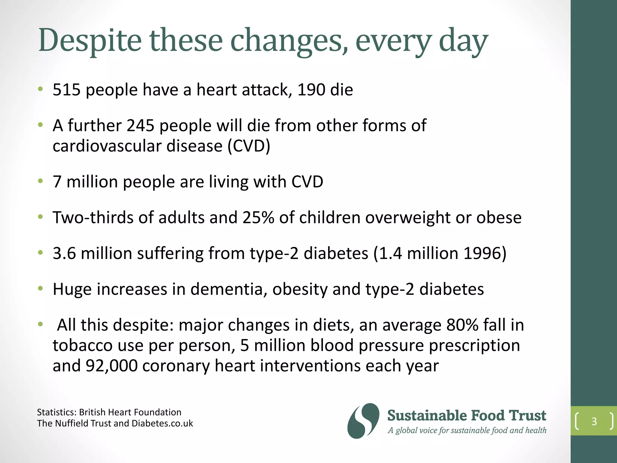 Despite these changes, every day
• 515 people have a heart attack, 190 die
• A further 245 people will die from other forms of
cardiovascular disease (CVD)
• 7 million people are living with CVD
• Two-thirds of adults and 25% of children overweight or obese
• 3.6 million suffering from type-2 diabetes (1.4 million 1996)
• Huge increases in dementia, obesity and type-2 diabetes
• All this despite: major changes in diets, an average 80% fall in
tobacco use per person, 5 million blood pressure prescription
and 92,000 coronary heart interventions each year
3
Statistics: British Heart Foundation
The Nuffield Trust and Diabetes.co.uk
 