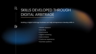 SKILLS DEVELOPED THROUGH
DIGITAL ARBITRAGE
Building a digital arbitrage business can help entrepreneurs develop skills in:
• Market research
• Branding
• Ecommerce
• Digital marketing
• Data analysis
• Customer experience
• Business systems
 
