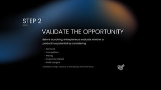 STEP 2
VALIDATE THE OPPORTUNITY
Before launching, entrepreneurs evaluate whether a
product has potential by considering:
• Demand
• Competition
• Pricing
• Customer interest
• Profit margins
Validation helps reduce unnecessary trial and error.
 