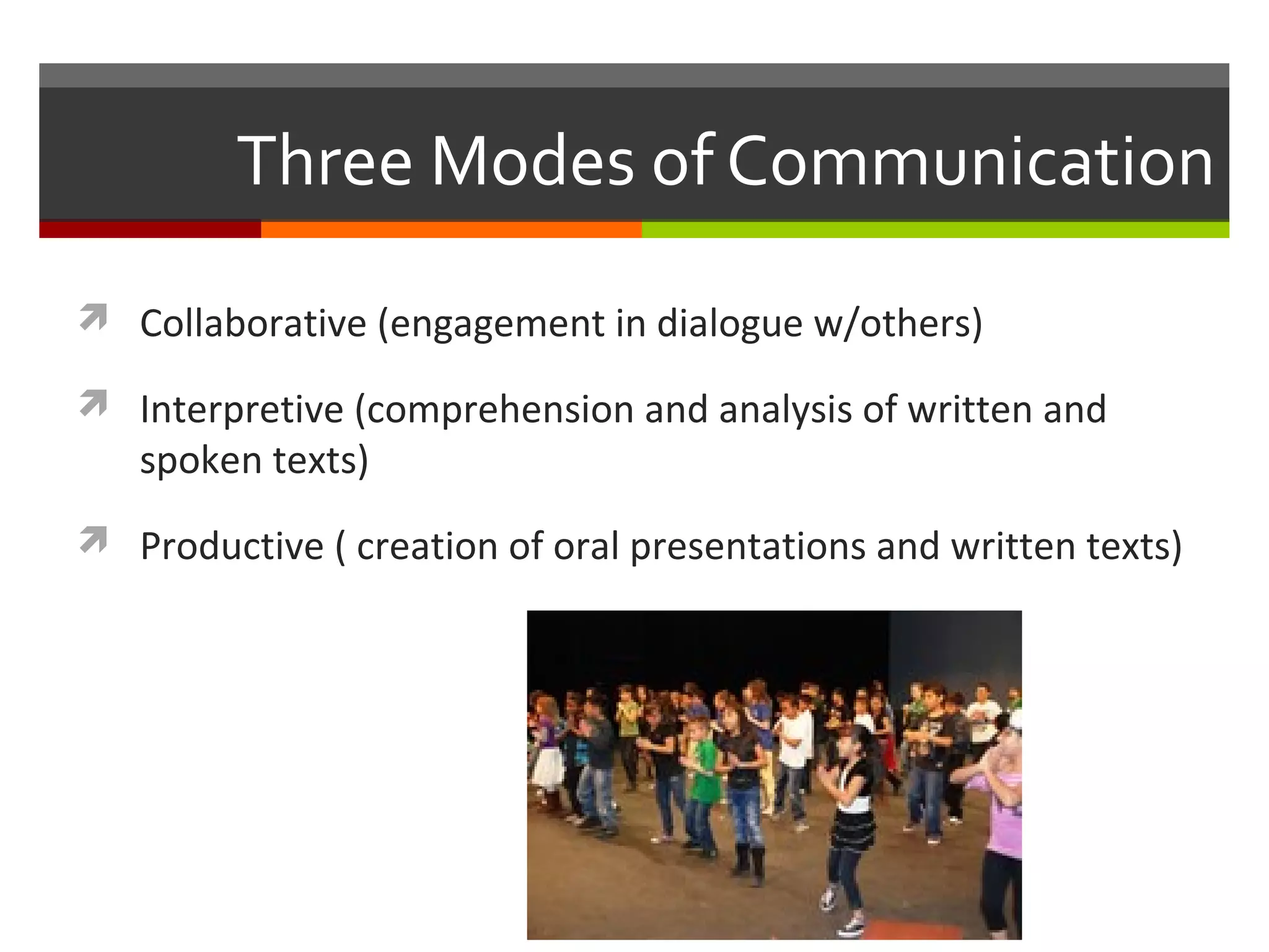 Three Modes of Communication
 Collaborative (engagement in dialogue w/others)

 Interpretive (comprehension and analysis of written and
   spoken texts)
 Productive ( creation of oral presentations and written texts)
 