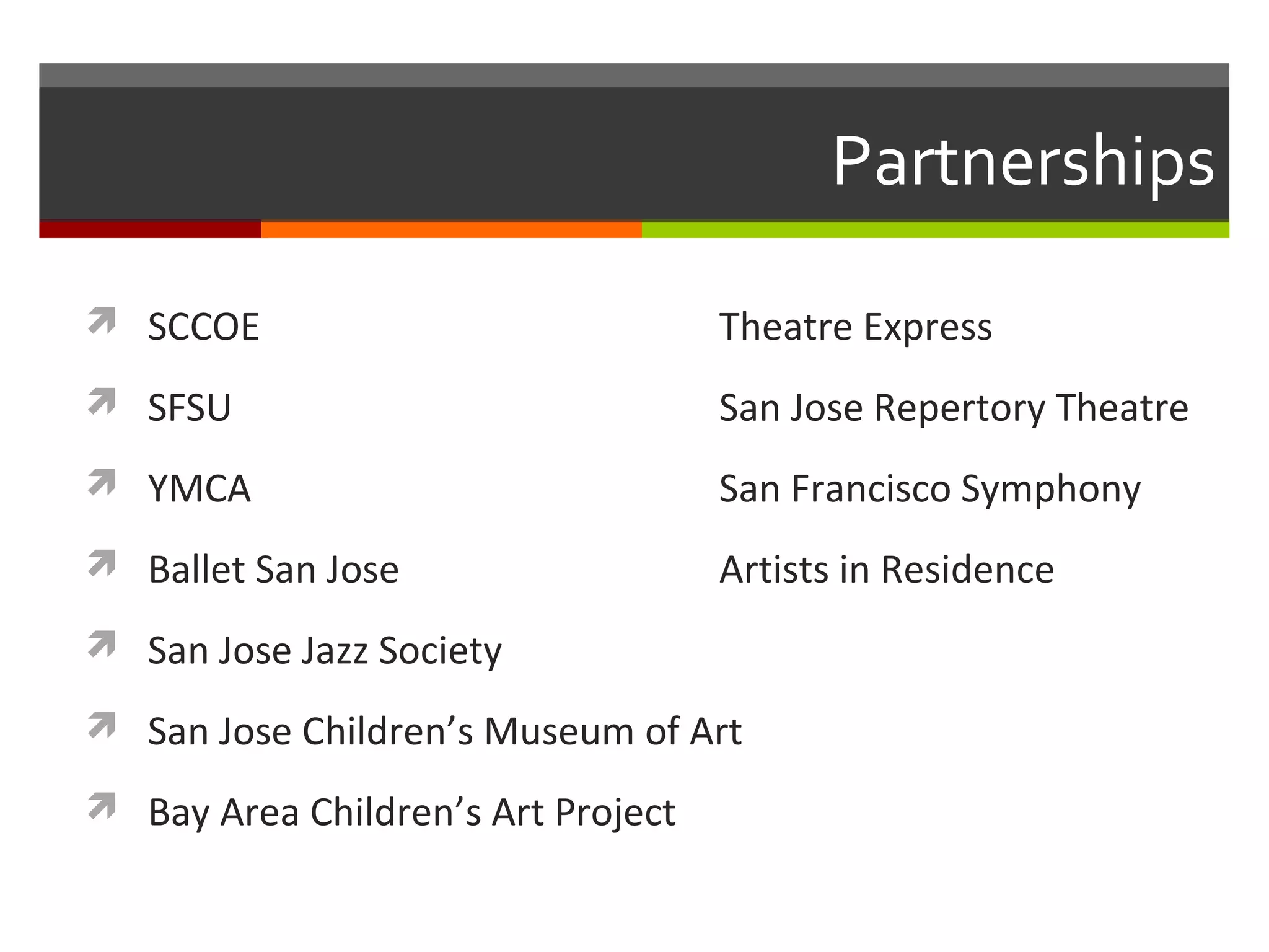 Partnerships

 SCCOE                             Theatre Express
 SFSU                              San Jose Repertory Theatre
 YMCA                              San Francisco Symphony
 Ballet San Jose                   Artists in Residence
 San Jose Jazz Society

 San Jose Children’s Museum of Art

 Bay Area Children’s Art Project
 