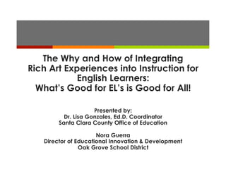 The Why and How of Integrating
        Rich Art Experiences into Instruction for
                    English Learners:
          What’s Good for EL’s is Good for All!

                                      Presented by:
                           Dr. Lisa Gonzales, Ed.D. Coordinator
                       Santa Clara County Office of Education
                      Jill Polhemus, Consultant – School Support
                         Stanislaus County Office of Education

http://bit.ly/richartsforall
Lisa_gonzales@sccoe.org
jpolhemus@stancoe.org
 