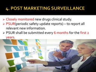 Closely monitored new drugs clinical study.
 PSUR(periodic safety update reports) – to report all
relevant new information.
 PSUR shall be submitted every 6 months for the first 2
years.
 