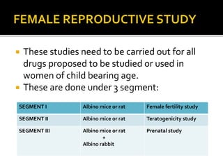  These studies need to be carried out for all
drugs proposed to be studied or used in
women of child bearing age.
 These are done under 3 segment:
SEGMENT I Albino mice or rat Female fertility study
SEGMENT II Albino mice or rat Teratogenicity study
SEGMENT III Albino mice or rat
+
Albino rabbit
Prenatal study
 