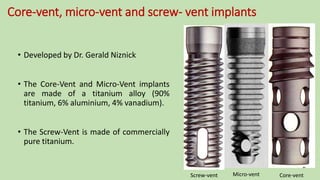Core-vent, micro-vent and screw- vent implants
• Developed by Dr. Gerald Niznick
• The Core-Vent and Micro-Vent implants
are made of a titanium alloy (90%
titanium, 6% aluminium, 4% vanadium).
• The Screw-Vent is made of commercially
pure titanium.
Micro-vent Core-ventScrew-vent
 