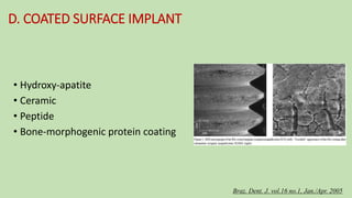 D. COATED SURFACE IMPLANT
Braz. Dent. J. vol.16 no.1, Jan./Apr. 2005
• Hydroxy-apatite
• Ceramic
• Peptide
• Bone-morphogenic protein coating
 