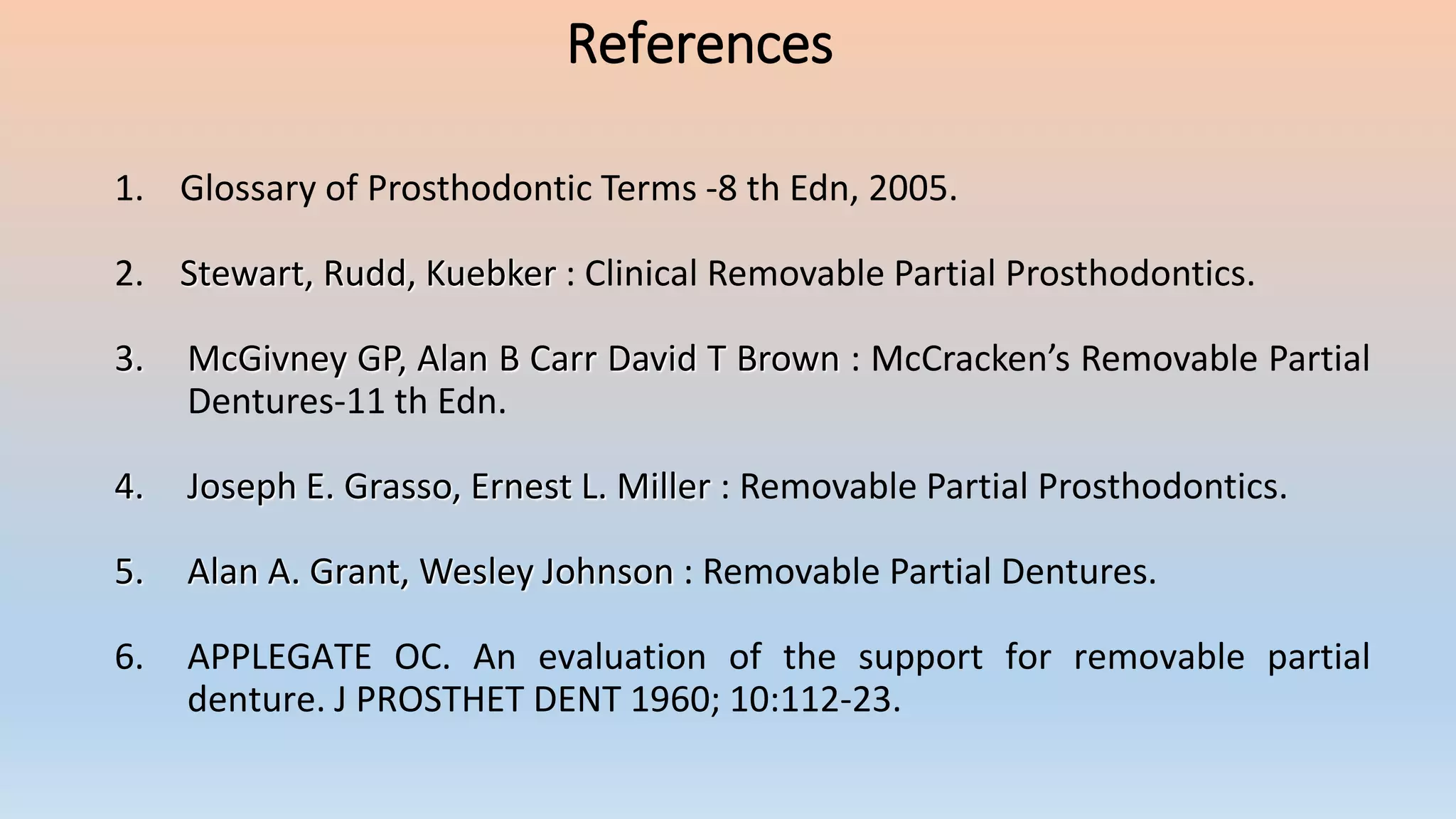 1. Glossary of Prosthodontic Terms -8 th Edn, 2005.
2. Stewart, Rudd, Kuebker : Clinical Removable Partial Prosthodontics.
3. McGivney GP, Alan B Carr David T Brown : McCracken’s Removable Partial
Dentures-11 th Edn.
4. Joseph E. Grasso, Ernest L. Miller : Removable Partial Prosthodontics.
5. Alan A. Grant, Wesley Johnson : Removable Partial Dentures.
6. APPLEGATE OC. An evaluation of the support for removable partial
denture. J PROSTHET DENT 1960; 10:112-23.
References
 