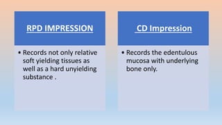 RPD IMPRESSION
• Records not only relative
soft yielding tissues as
well as a hard unyielding
substance .
CD Impression
• Records the edentulous
mucosa with underlying
bone only.
 