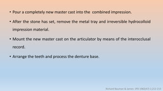 • Pour a completely new master cast into the combined impression.
• After the stone has set, remove the metal tray and irreversible hydrocolloid
impression material.
• Mount the new master cast on the articulator by means of the interocclusal
record.
• Arrange the teeth and process the denture base.
Richard Bauman & James- JPD 1982(47) 2,212-213
 