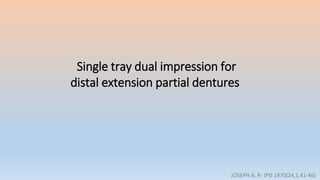Single tray dual impression for
distal extension partial dentures
JOSEPH A. R- JPD 1970(24,1,41-46)
 