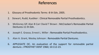1. Glossary of Prosthodontic Terms -8 th Edn, 2005.
2. Stewart, Rudd, Kuebker : Clinical Removable Partial Prosthodontics.
3. McGivney GP, Alan B Carr David T Brown : McCracken’s Removable Partial
Dentures-11 th Edn.
4. Joseph E. Grasso, Ernest L. Miller : Removable Partial Prosthodontics.
5. Alan A. Grant, Wesley Johnson : Removable Partial Dentures.
6. APPLEGATE OC. An evaluation of the support for removable partial
denture. J PROSTHET DENT 1960; 10:112-23.
References
 