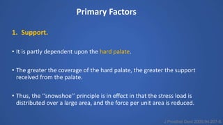 Primary Factors
1. Support.
• It is partly dependent upon the hard palate.
• The greater the coverage of the hard palate, the greater the support
received from the palate.
• Thus, the ‘‘snowshoe’’ principle is in effect in that the stress load is
distributed over a large area, and the force per unit area is reduced.
J Prosthet Dent 2005;94:207-8.
 
