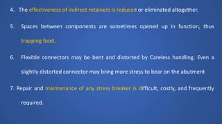 4. The effectiveness of indirect retainers is reduced or eliminated altogether.
5. Spaces between components are sometimes opened up in function, thus
trapping food.
6. Flexible connectors may be bent and distorted by Careless handling. Even a
slightly distorted connector may bring more stress to bear on the abutment
7. Repair and maintenance of any stress breaker is difficult, costly, and frequently
required.
 
