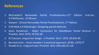References
1. McCracken’s Removable Partial Prosthodontics-11th Edition- A.B.Carr,
G.P.McGivney , D.T.Brown.
2. Stewart - Clinical Removable Partial Prosthodontics, 2nd Edition.
3. D.M.Watt,A.R.MacGregor- Designing partial dentures
4. Davis Henderson - Major Connectors for Mandibular Partial Denture –J
Prosthet Dent 1973; 29:532-46
5. B.T.Cecconi :Lingual bar design –J Prosthet Dent 1973; 29:635-40.
6. Bernard Levin – Stress breakers :A practical approach: DCNA, 1979;77
7. Randel et al . Cingulum bar.J Prosthet Dent 1991;66;221-29.
 