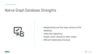 #MDBE16
Native Graph Database Strengths
•  Relationships are first class citizens of the
database
•  Index-free adjacency
•  Nodes “point” directly to other nodes
•  Efficient relationship traversal
 