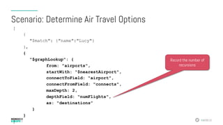 #MDBE16
[
{
"$match": {"name":"Lucy"}
},
{
"$graphLookup": {
from: "airports",
startWith: "$nearestAirport",
connectToField: "airport",
connectFromField: "connects",
maxDepth: 2,
depthField: "numFlights",
as: "destinations”
}
}
]
Scenario: Determine Air Travel Options
Record the number of
recursions
 