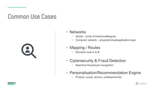 #MDBE16
Common Use Cases
•  Networks
•  Social – circle of friends/colleagues
•  Computer network – physical/virtual/application layer
•  Mapping / Routes
•  Shortest route A to B
•  Cybersecurity & Fraud Detection
•  Real-time fraud/scam recognition
•  Personalisation/Recommendation Engine
•  Product, social, service, professional etc.
 