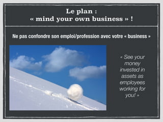 Le plan :
« mind your own business » !
« See your
money
invested in
assets as
employees
working for
you! »
Ne pas confondre son emploi/profession avec votre « business »
 