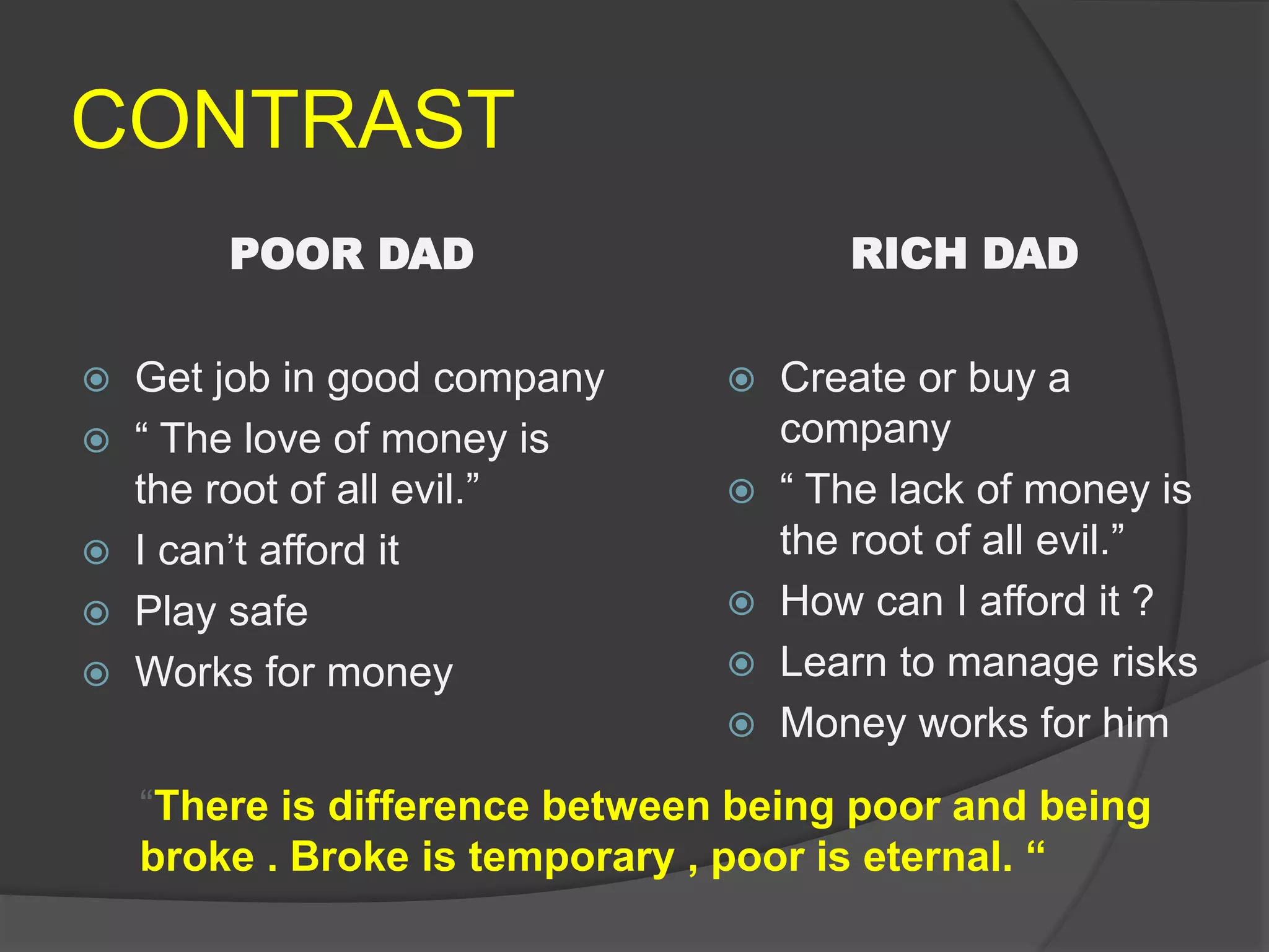 CONTRAST
POOR DAD
 Get job in good company
 “ The love of money is
the root of all evil.”
 I can’t afford it
 Play safe
 Works for money
RICH DAD
 Create or buy a
company
 “ The lack of money is
the root of all evil.”
 How can I afford it ?
 Learn to manage risks
 Money works for him
“There is difference between being poor and being
broke . Broke is temporary , poor is eternal. “
 