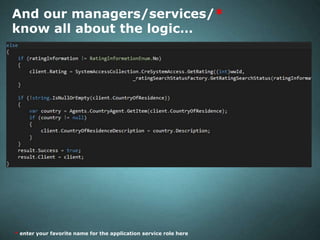 And our managers/services/*
know all about the logic…

* enter your favorite name for the application service role here

 