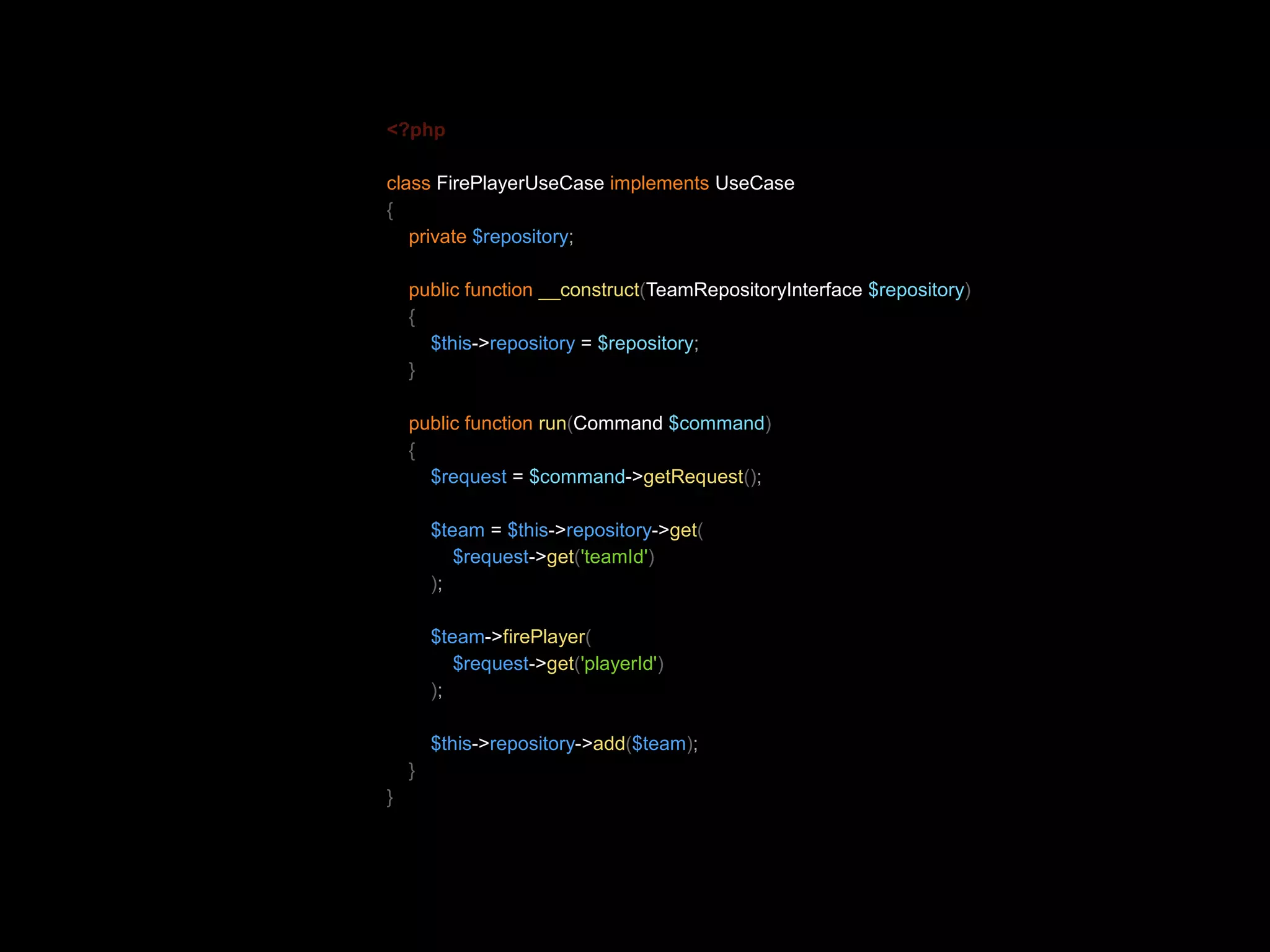 <?php class FirePlayerUseCase implements UseCase { private $repository; public function __construct(TeamRepositoryInterface $repository) { $this->repository = $repository; } public function run(Command $command) { $request = $command->getRequest(); $team = $this->repository->get( $request->get('teamId') ); $team->firePlayer( $request->get('playerId') ); $this->repository->add($team); } } 