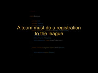 <?php 
class League 
{ 
private $id; 
private $name; 
private $teams; 
A team must do a registration 
public function __construct({ 
to the league 
Uuid $uuid, $name) 
$this->id = $uuid; 
$this->name = $name; 
$this->teams = new ArrayCollection(); 
} 
public function registerTeam(Team $team) 
{ 
$this->teams->add($team); 
} 
} 
 