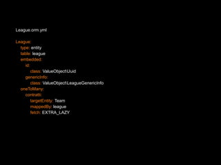 League.orm.yml 
League: 
type: entity 
table: league 
embedded: 
id: 
class: ValueObjectUuid 
genericInfo: 
class: ValueObjectLeagueGenericInfo 
oneToMany: 
contratti: 
targetEntity: Team 
mappedBy: league 
fetch: EXTRA_LAZY 
 