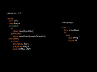 League.orm.yml 
League: 
type: entity 
table: league 
embedded: 
id: 
class: ValueObjectUuid 
genericInfo: 
class: ValueObjectLeagueGenericInfo 
oneToMany: 
contratti: 
targetEntity: Team 
mappedBy: league 
fetch: EXTRA_LAZY 
Uuid.orm.yml 
Uuid: 
type: embeddable 
id: 
uuid: 
type: string 
length: 36 
 