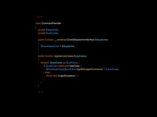 <?php 
class CommandHandler 
{ 
private $dispatcher; 
private $useCases; 
public function __construct(EventDispatcherInterface $dispatcher) 
{ 
$this->dispatcher = $dispatcher; 
} 
public function registerUseCases($useCases) 
{ 
foreach ($useCases as $useCase) { 
if ($useCase instanceof UseCase) { 
$this->useCases[$useCase->getManagedCommand()] = $useCase; 
} else { 
throw new LogicException(''); 
} 
} 
} 
// ...} 
 