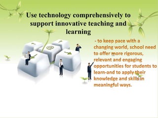 Use technology comprehensively to
support innovative teaching and
learning
- to keep pace with a changing
world, school need to offer
more rigorous, relevant and
engaging opportunities for
students to learn-and to apply
their knowledge and skills in
meaningful ways.
Use technology comprehensively to
support innovative teaching and
learning
 