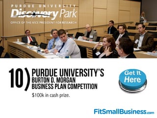 Purdue University’s  
Burton D. Morgan  
Business Plan Competition10)$100k in cash prize.
 