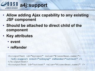 a4j:support Allow adding Ajax capability to any existing JSF component Should be attached to direct child of the component  Key attributes event reRender <h:inputText id="myinput" value="#{userBean.name}"> <a4j:support event="onkeyup" reRender="outtext" /> </h:inputText> <h:outputText id="outtext" value="#{userBean.name}" /> 