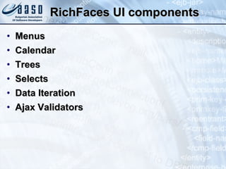 RichFaces UI components Menus Calendar Trees Selects Data Iteration Ajax Validators 