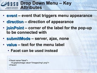 Drop Down Menu – Key Attributes event  – event that triggers menu appearance  direction  – direction of appearance joinPoint  – corner of the label for the pop-up to be connected with submitMode  – server, ajax, none value  – text for the menu label Facet can be used instead ... <f:facet name="label">     <h:graphicImage value="/images/img1.png"/> </f:facet> ...  