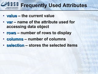 Frequently Used Attributes value  – the current value var  – name of the attribute used for accessing data object rows  – number of rows to display columns  – number of columns selection  – stores the selected items 