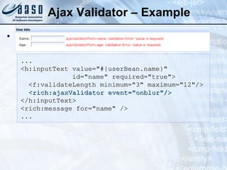 Ajax Validator – Example  Using Ajax validator: ... <h:inputText value="#{userBean.name}"    id="name" required="true">  <f:validateLength minimum="3" maximum="12"/>    <rich:ajaxValidator event="onblur"/> </h:inputText> <rich:message for="name" />  ... 