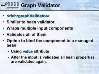 Graph Validator <rich:graphValidator> Similar to bean validator Wraps multiple input components Validates all of them Option to bind the component to a managed bean Using  value  attribute After the input is validated all bean properties are validated again.  