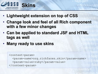 Skins Lightweight extension on top of CSS Change look and feel of all Rich component with a few minor changes Can be applied to standard JSF and HTML tags as well Many ready to use skins <context-param> <param-name>org.richfaces.skin</param-name> <param-value>ruby</param-value> </context-param> 