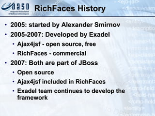 RichFaces History 2005: started by Alexander Smirnov 2005-2007: Developed by Exadel Ajax4jsf - open source, free RichFaces - commercial 2007: Both are part of JBoss Open source Ajax4jsf included in RichFaces Exadel team continues to develop the framework 