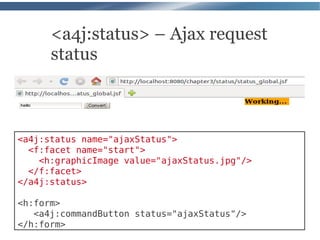 <a4j:status> – Ajax request
      status



<a4j:status name="ajaxStatus">
  <f:facet name="start">
    <h:graphicImage value="ajaxStatus.jpg"/>
  </f:facet>
</a4j:status>

<h:form>
   <a4j:commandButton status="ajaxStatus"/>
</h:form>
 